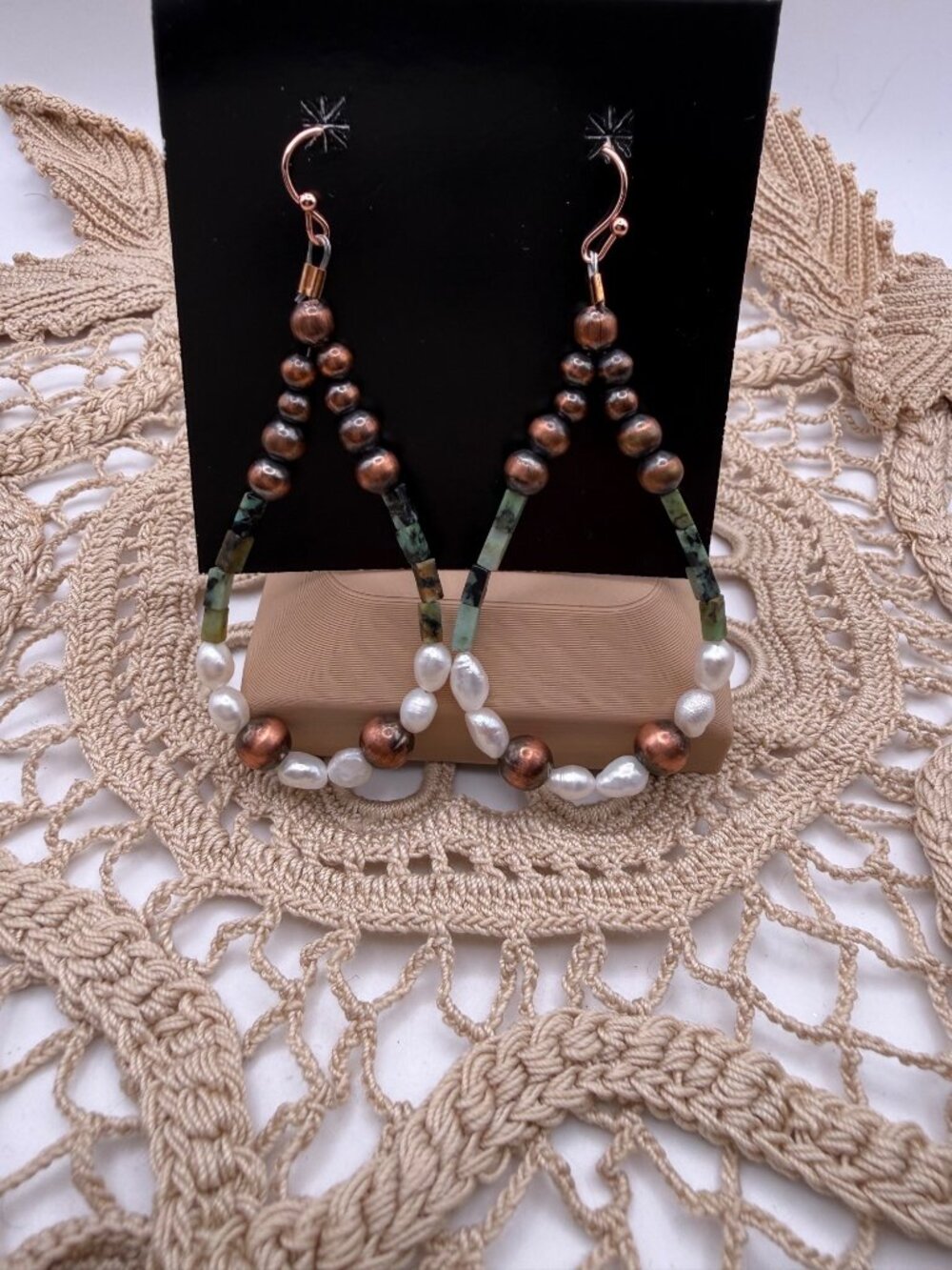 Artisan Ruby Zoisite & Freshwater Pearl Teardrop Dangle Earrings Copper Beads